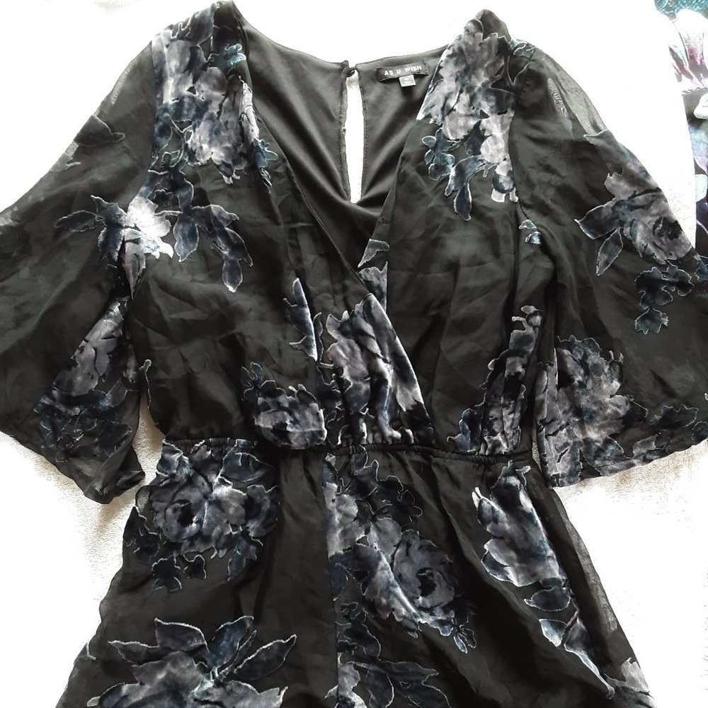 Black romper with black and silver velvet flowers, flowy sheer sleeves